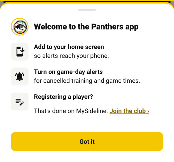 Berkeley Vale Panthers app welcome screen: add to home screen, game-day alerts, registration
